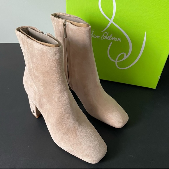 NIB Sam Edelman Fawn Warm Oat Suede Block Heel Ankle Boots - Picture 4 of 13